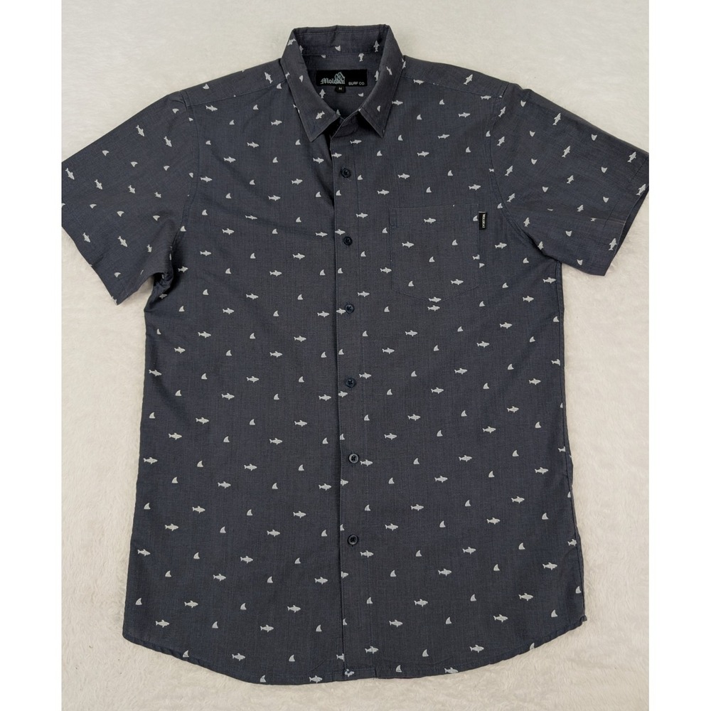 Molokai Surf Co Short Sleeve Shirt Men's M Gray All Over Sharks Print Hawaiian
